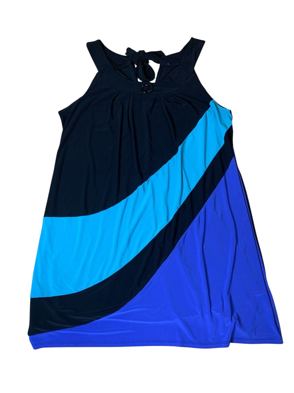 Black Blue Aqua Colorblock High Neck Tie Back Swing Dress L